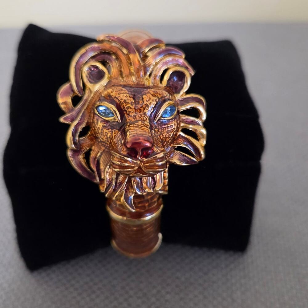 VTG Kenneth Jay Lane KJL Signed Lion Head Clamper Hinged Cuff Bangle Bracelet